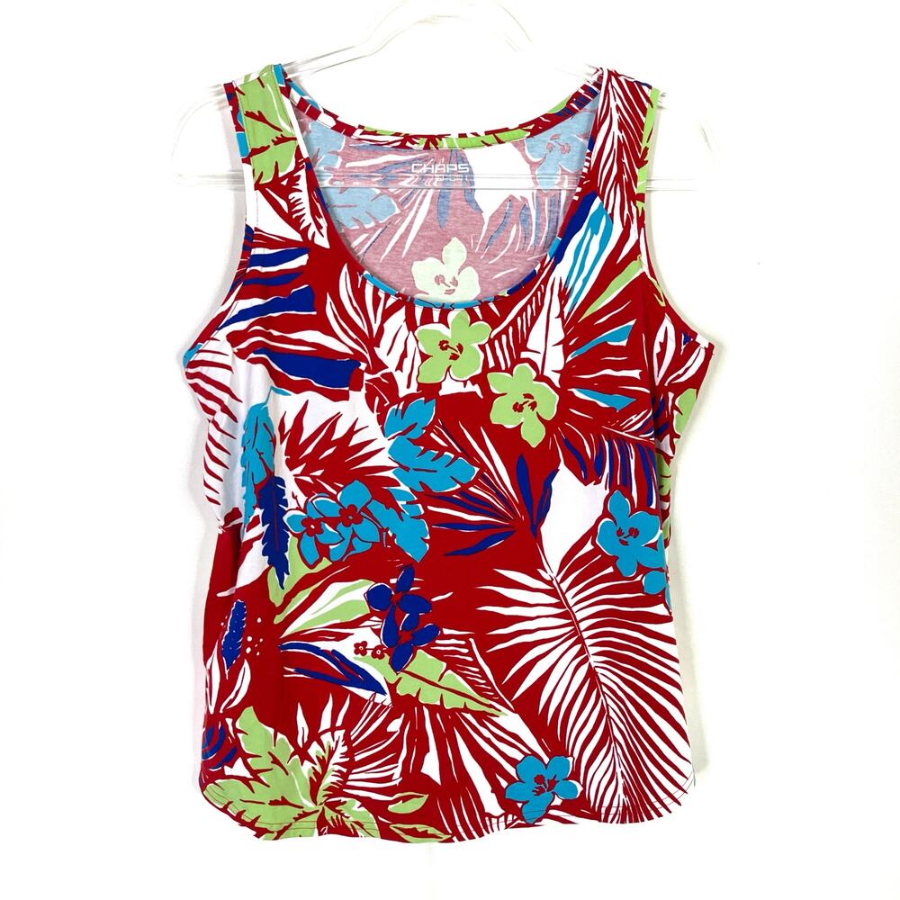 Chaps Sport Red Tropical Print Tank Top Scoop Neck Cotton Womens XL